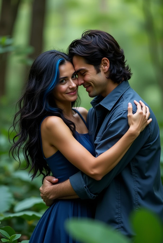 Photo d'une fille de 18 ans, ses longs cheveux noirs avec des mèches bleus entourant un doux visage aux yeux bleu marine emplie de joie. She is wearing a navy blue dress. She is with Ian Somerhalder from the vampire diaries series. They are in a green forest. Elle est dans ses bras on ressent dans cette étreinte beaucoup d'émotions