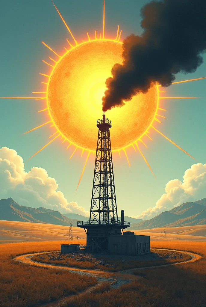 Create an illustration that has solar energy on one side and oil energy on the other. 

