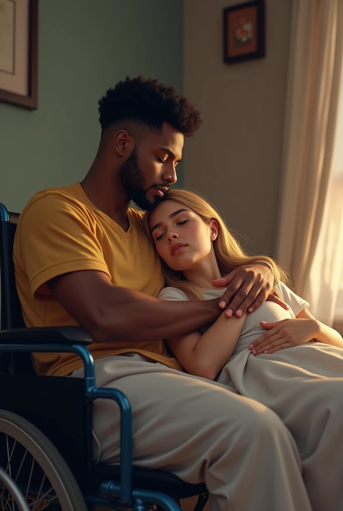 A  black girl,blonde and wheelchair user sleeping with her boyfriend 