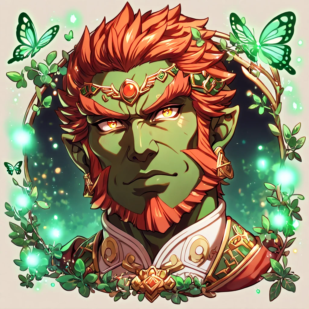 absurdres, highres, ultra detailed, HDR, master piece, best quality, extremely detailed, detailed eyes, Ganondorf, red hair, expressive golden eyes, red beard, The Legend Of Zelda Twilight Princess, solo, sexy man, sensual, handsome, manly man, tanned skin, red cape, black tunic, under a green tree, fantasy, magical, glittering fireflies, green butterflies, green flames, glass magic, green leaves