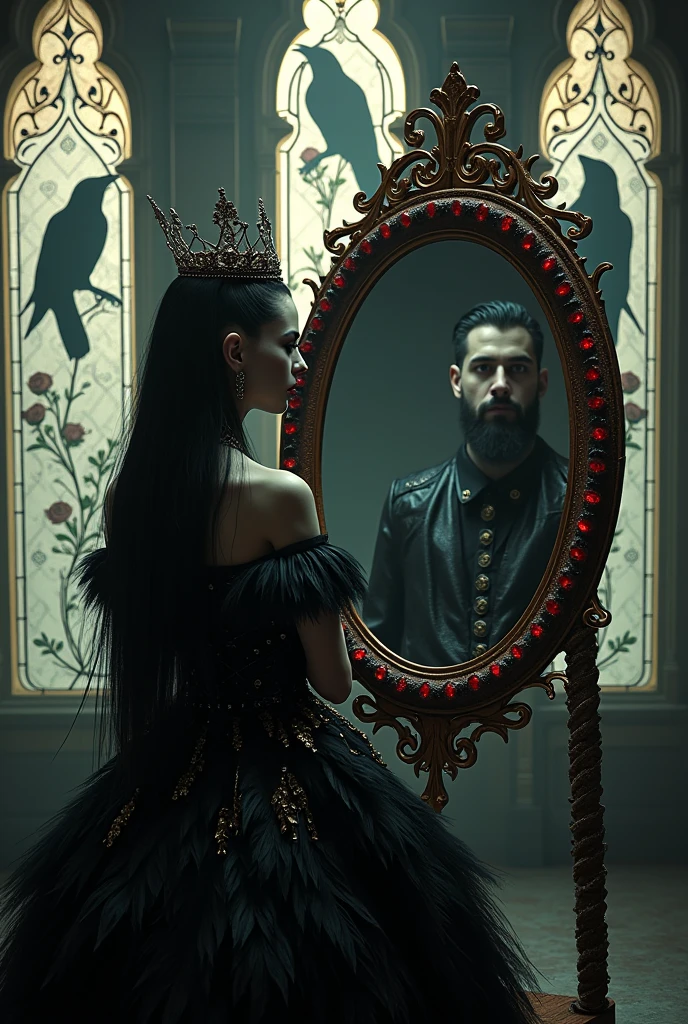 A witch queen in a black dress with golden feather details. She wears a tiara around her head. He has long black hair shaved on the sides and white skin., punk style. It has a cover with a design of roses with thorns.. The dress has a large neckline. She is talking to a magic mirror encrusted with rubies. The mirror reflects a man with a beard and black hair. She is in a dark room with 3 stained glass windows with crow designs..