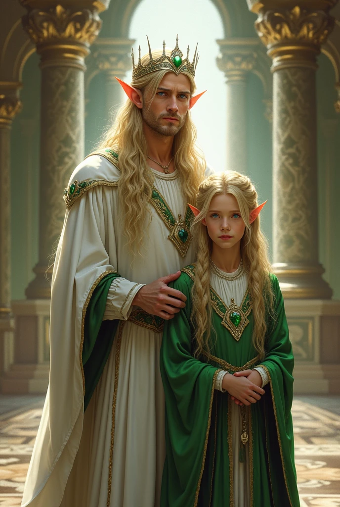 In the royal hall, an elven king, tall, green eyes, handsome, with long blond hair, wearing a white tunic with green details, and wearing a delicate white crown with emerald stones, stands next to his son, an elven prince, tall, with blue eyes, long blonde hair with some braids, wearing a green tunic with white details.