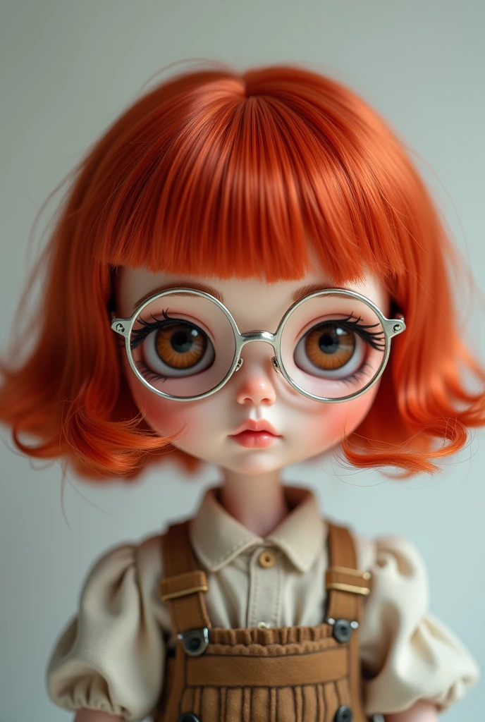 Create a Blythe Doll with red hair, short hair to the shoulders and no bangs, round silver glasses on the face, open Hazel eyes