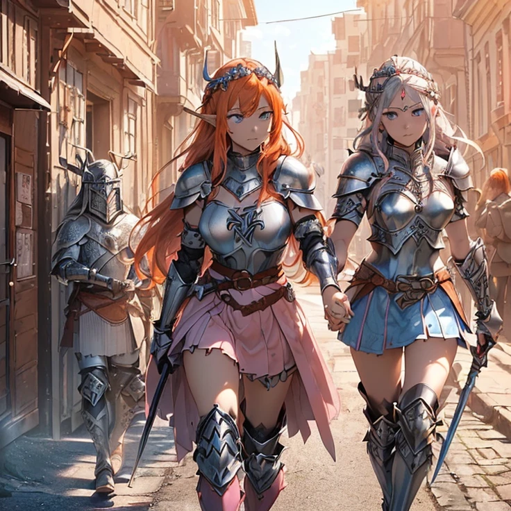 (masterpiece), (best quality), (detailed character and features), (HD), (high resolution), (solo, alone character), (fantasy), (simple background)
{{(1character: orange-red haired Elf Girl knight:((reddish-orange hair), (hair tied in left tail with two white flowers), (beautiful light-blue eyes), (orange-reddish eyebrows), (serious and imponent), (closed mouth), (lightblue flower at side of hair),(body full covered and armored in full pink knight pink armor)), ((Pink knight armor:((pink steel full knight cuirass), (pink gauntlets), (pink steel knight skirt), (pink steel belly armor), (pink shoulder armor plates), (pink steel armor long boots), (pink steel armor knee-plates), (pink steel elbow plates), (silver tiara up her head around the hair)),((holding with her left hand a long steel silver spear)),((Background: (viking styled city street), (sunny morning), (stone viking houses around the streets)))}}