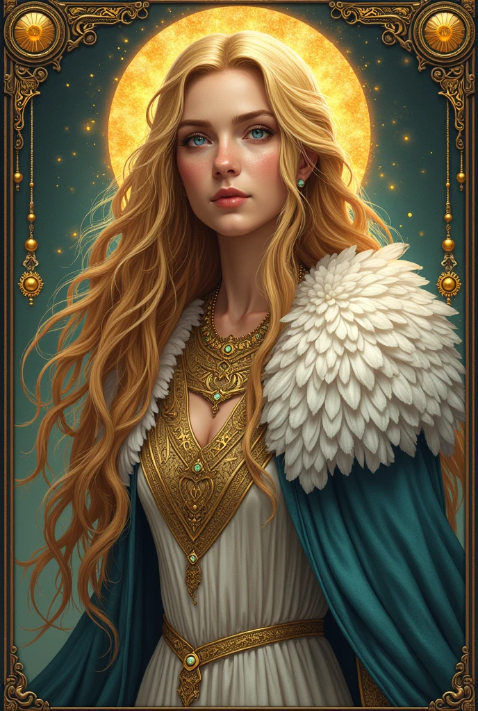 Illustration of the Norse goddess Freyja, cloak made of falcon feathers, elaborate Viking necklace of gold and jewels. Tarot card style.