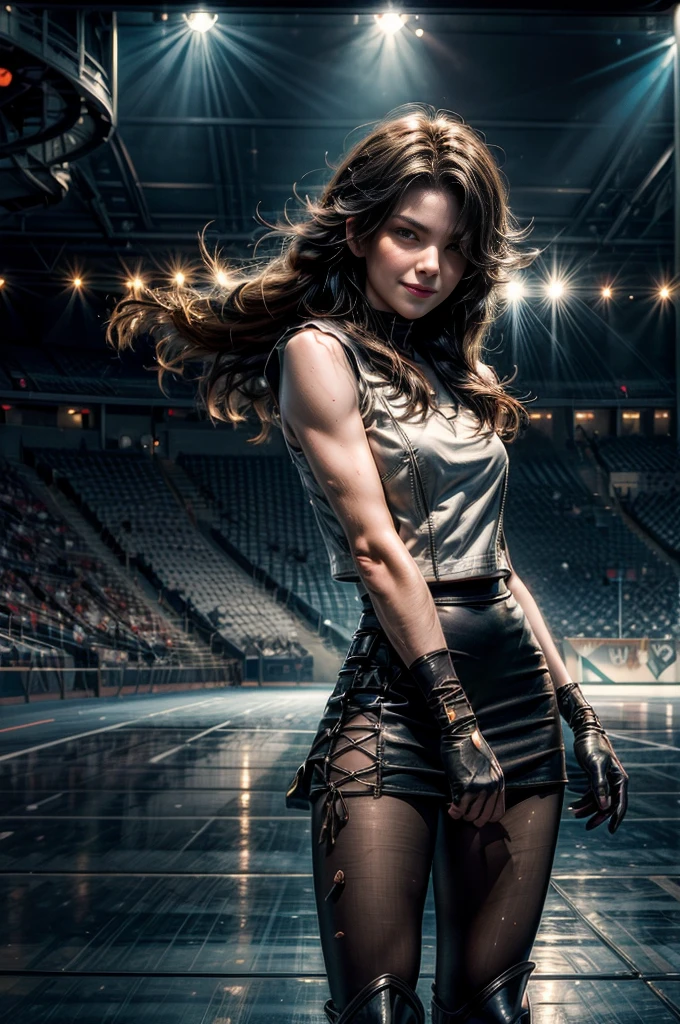 (masterpiece, best quality:1.2), cowboy shot, solo, 1girl, cinder fall, evil smile, looking at viewer, long hair, t-shirt, white skirt, sleeveless jacket, elbow gloves, pantyhose, standing inside sport stadium, spectators, crowd (volumetric lighting), sharp focus, hyper detailed