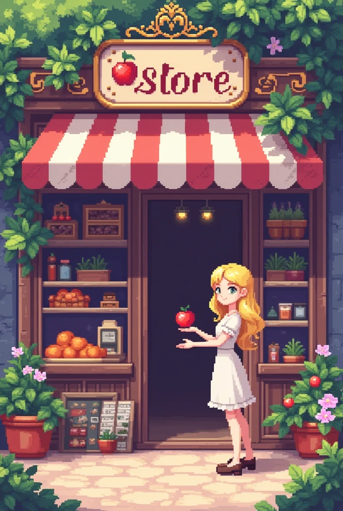 CREATE A PIXEL GAME THEMED STORE WITH A PIXEL STORE NAME THAT HAS A BLONDE FEMALE PIXEL CHARACTER WITH A RED APPLE IN HER HAND, THAT THE SETTING IS NATURALLY ATTRACTIVE AND PURPLE, AND THAT THE PIXEL STORE NAME IS AS READABLE AS POSSIBLE