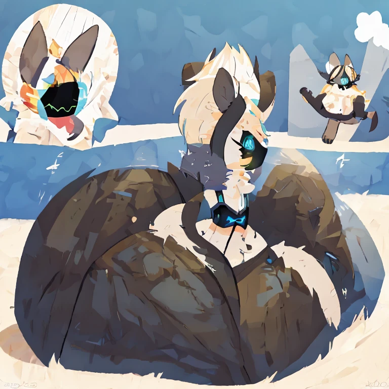 Female Protogen with extremely wide hips, skinny, unhumanly gigantic breasts, hyper breasts, extremely humongous thighs, Extremely humongous ass, white hair, white fur, huge White fluffy tail attached to back of pelvis, and reddish highlights. Blue glowing eyes, white fur tufts, front view, wearing Grey armor without ass covering, with just her ass exposed, wearing a black latex bra, sitting on her knees with her tail between her legs burying her face into her tail.