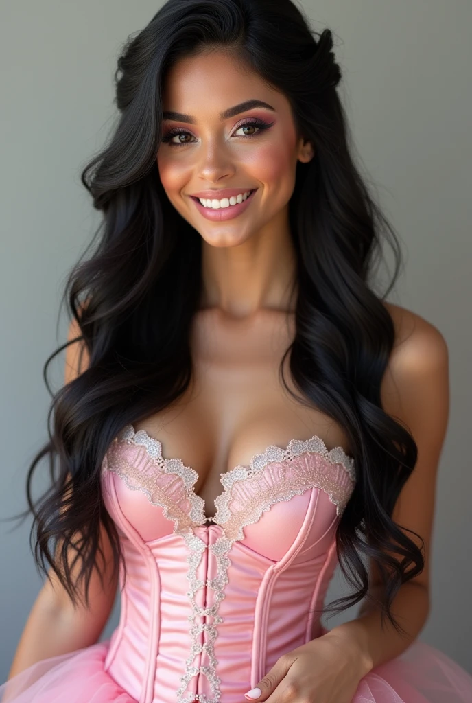 woman wearing a corset-style top with a lovely short tulle skirt underneath, hair in tight waves, charming pink makeup, elegant, beautiful smile, stunning look, pretty face, shades of pink for her eyeshadow, blush, and lip color, masterpiece, photo-realistic, super detail, black long hair