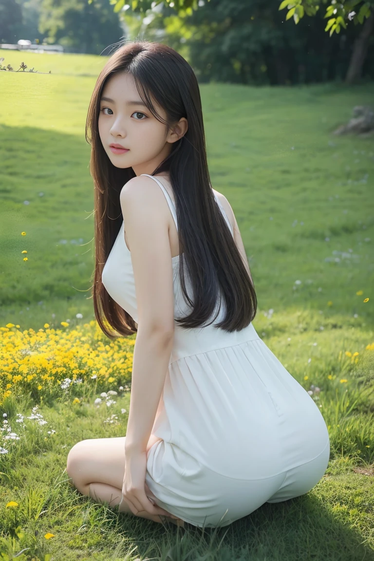 「A scene of a beautiful girl on all fours looking back。She has long hair、Has a soft expression。The natural scenery spreads in the background.、Green meadow and colorful flowers々is blooming。The light shines gently、The girl's skin is soft and radiant。Describe an image that has an overall calm and dreamy feel。」
