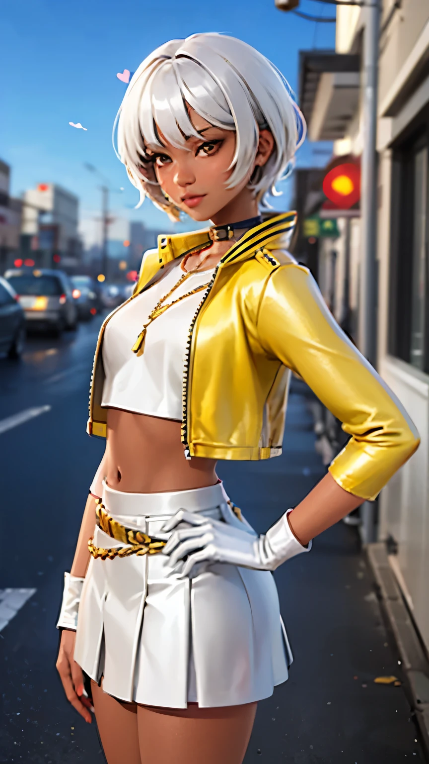 City detailed background, city detailed scenario, 1girl, solo, AphroditeFN, crop top, Gold crop top, yellow crop top, open clothes, jacket crop top, white jacket, mini skirt, white skirt, one glove, white hair, short hair, heart, dark skin