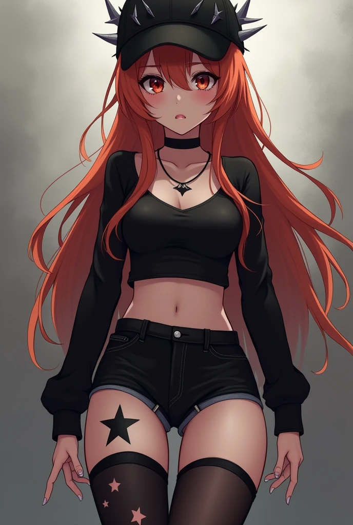 Anime girl icon, slim, ghost white skin, conceited face, long copper red hair, star tattoo, black cap with thorns, black necklace, black top with long sleeves, Short black shorts and black tights with small stars, black eyes