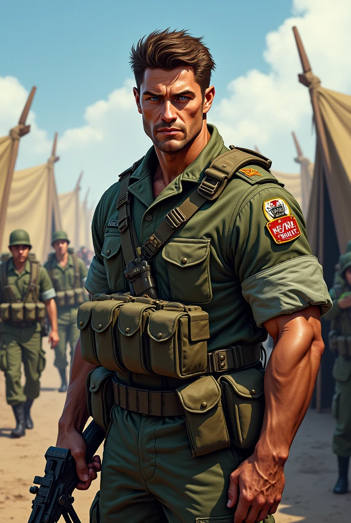 Brown haired man, blue colored eyes, brawny, of the army, 2d