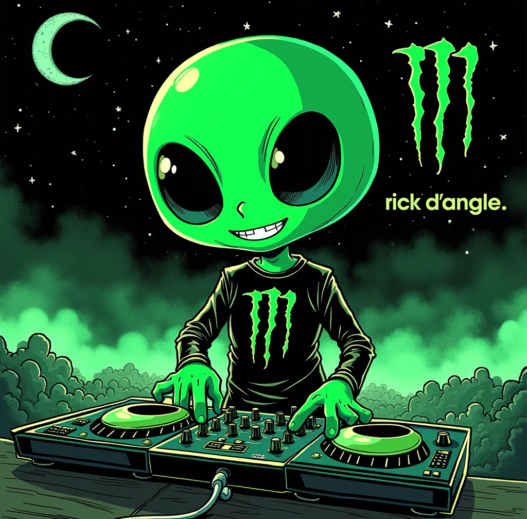 manga comic cartoon of a rounded fluorescent green-black color  big head alien dj , add monster energy logo , and add the text ¨Rick D´Angle ¨ to the image , totaly night view photo with ultra open wide lens photo technic