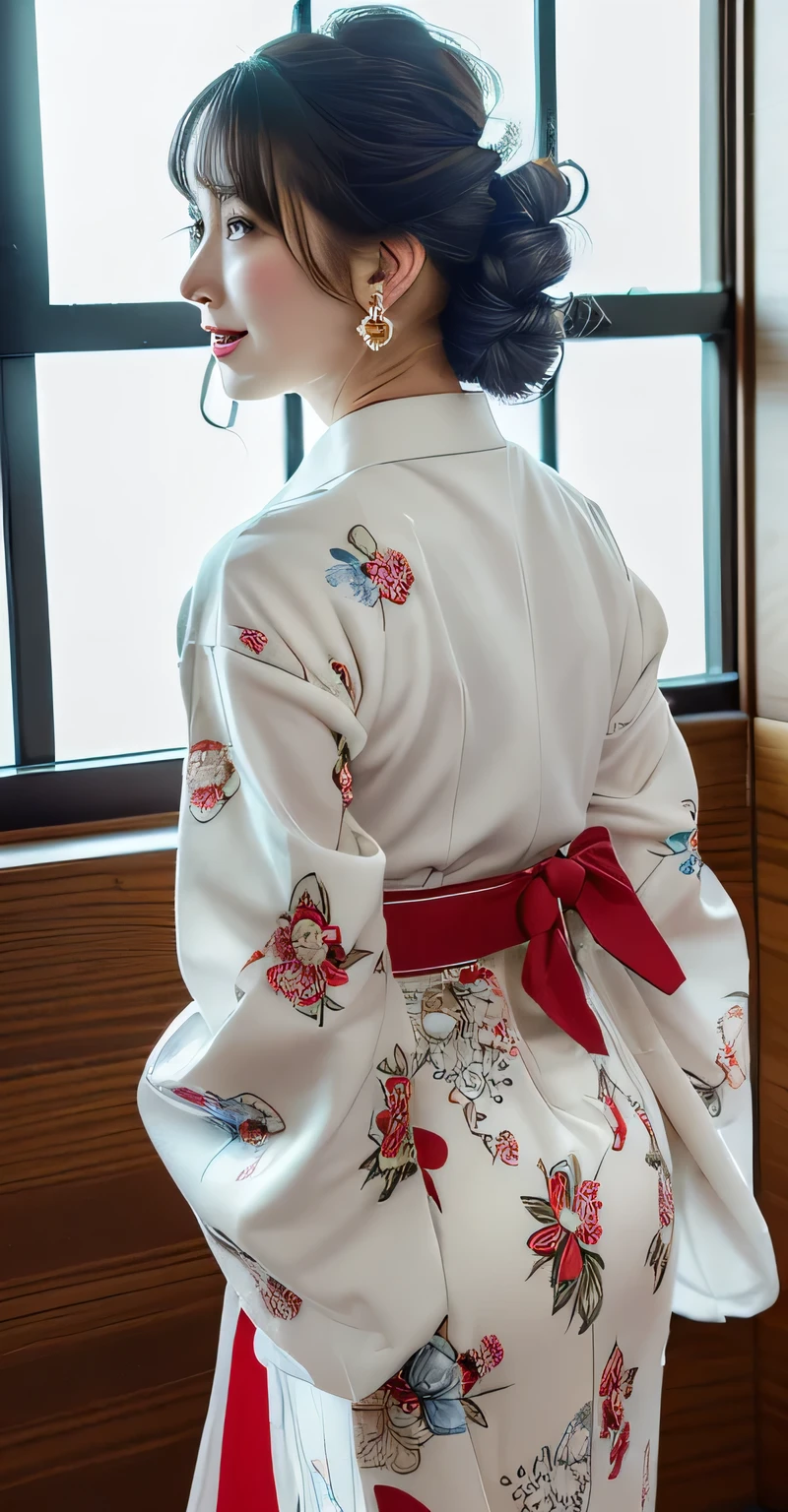 (8k,RAW Photos,Like the picture:1.45),masterpiece,Highest quality,wonderful,(Sexy Mature Woman:1),(Mature very cute woman:1.3), (2. Women.1.3)、(((very, Very large breasts)))、(((Extremely lewd and very huge boobs))、(((Very deep valley)))、Hyper Real、She is a々In a quiet office、A beautiful and elegant smile、beautiful white skin、beautiful, Delicate and precise skin texture、Long, fluffy, beautiful black hair(updo:1.45)、beautiful Japanese Women、(BIG ASS)、Thick thighs、Bright red lips、Gold small star-shaped earrings、{Floral patterned furisode from the Taisho period((White long sleeves))},