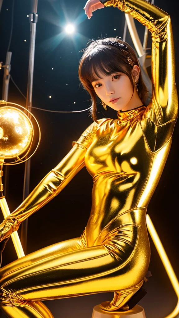 Girl dressed in the golden armor of Sagittarius 