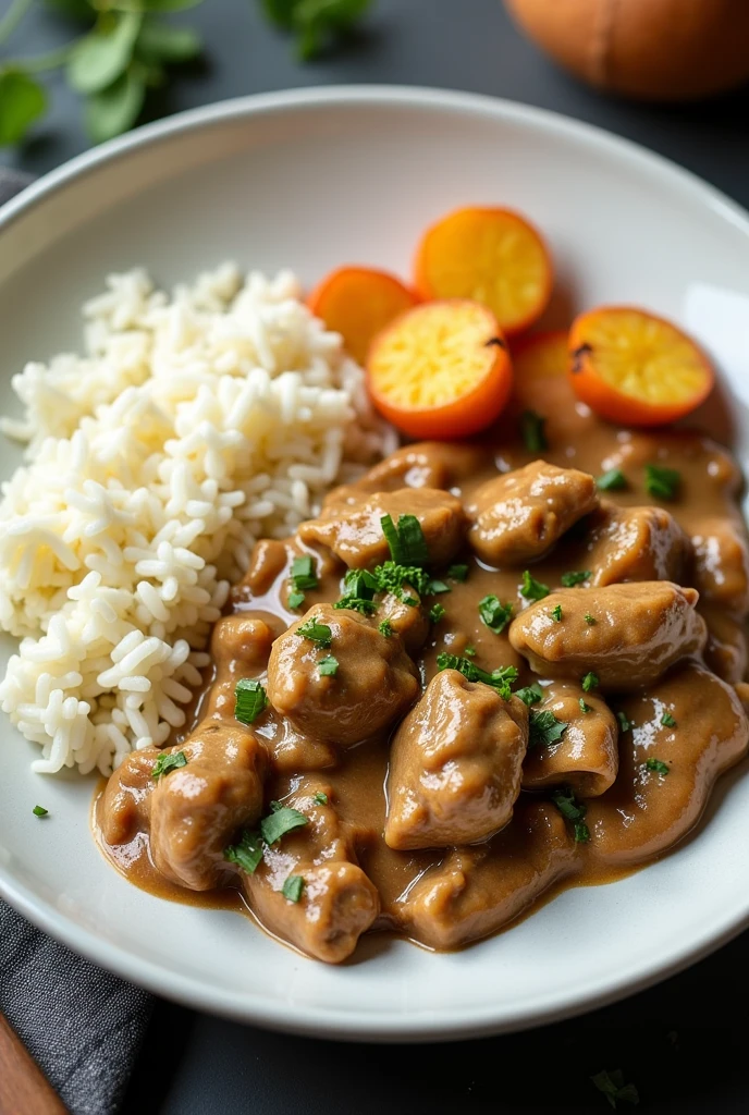 a realistic,mouth-watering photo of a plate with chicken stroganoff, white rice, and straw potatoes, high quality, 4K, 8K, ultra-detailed, realistic lighting, professional food photography, delicious, appetizing, gourmet, close-up, food styling, top-down view, beautifully plated