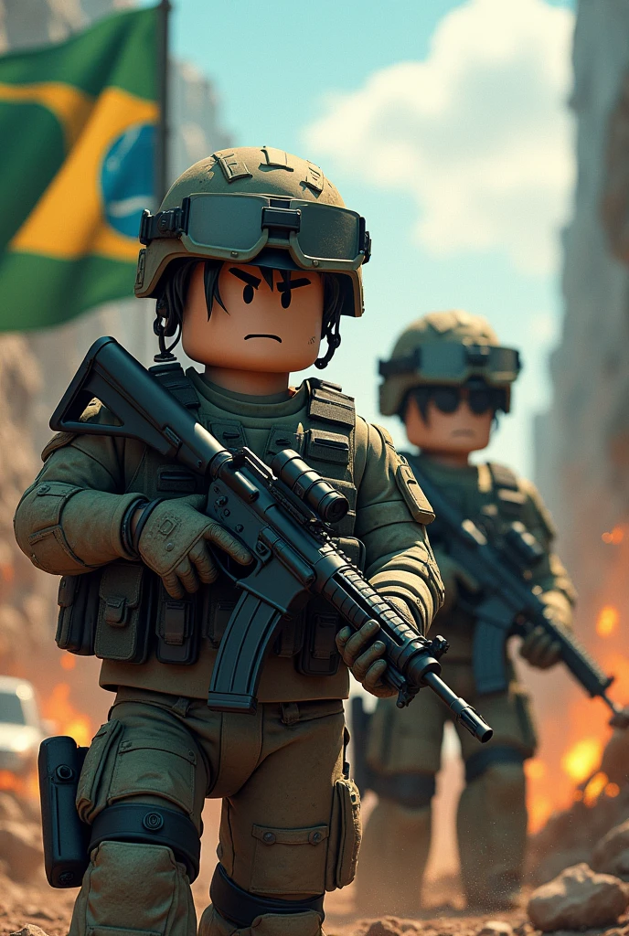 Make a photo of military personnel in the Roblox background with a gun with a car and a Brazilian flag in the background in turbulence in front of Davi's Brazilian army