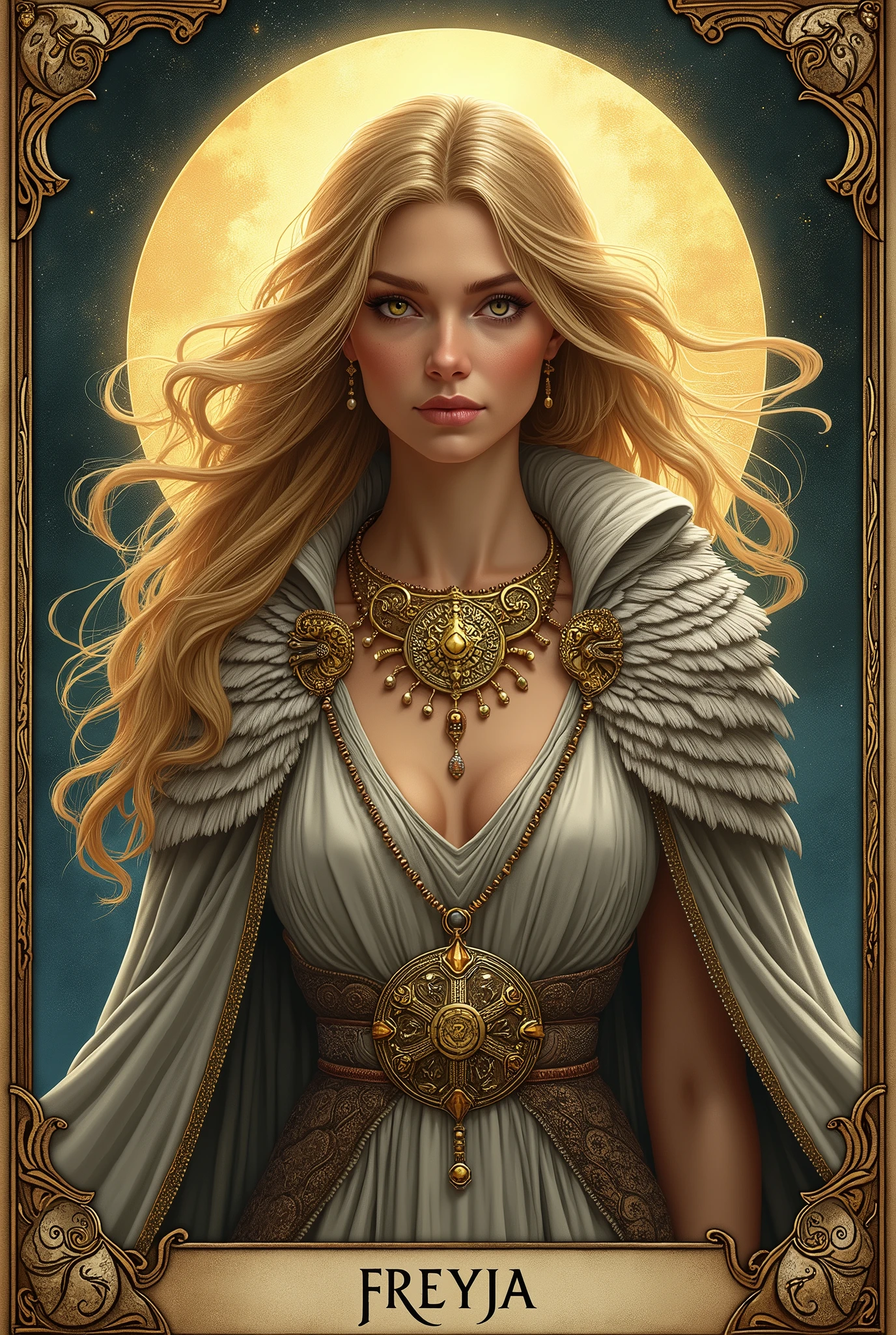 Illustration of the Norse goddess Freyja, cloak made of falcon feathers, elaborate Viking necklace of gold and jewels. Tarot card style.