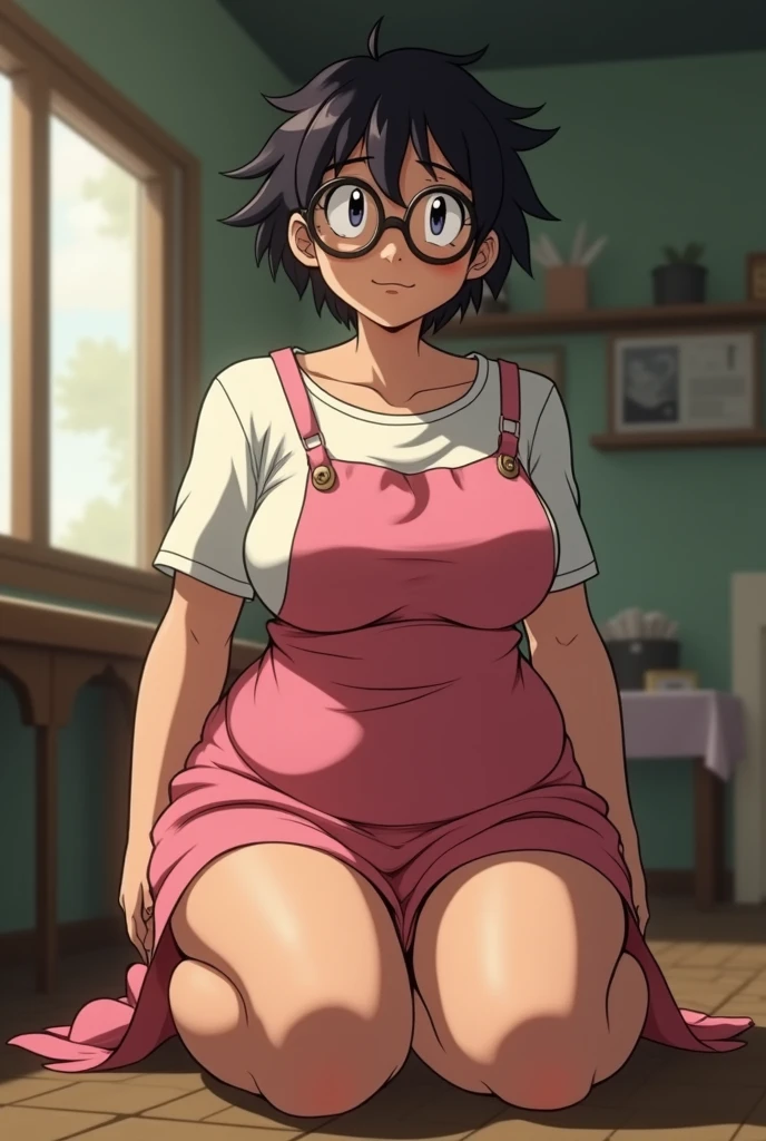 Nobita mom curvy tomboy short hair round glasses big tits big ass naked wearing stocking ink tshirt, pink apron sweating full body open legs