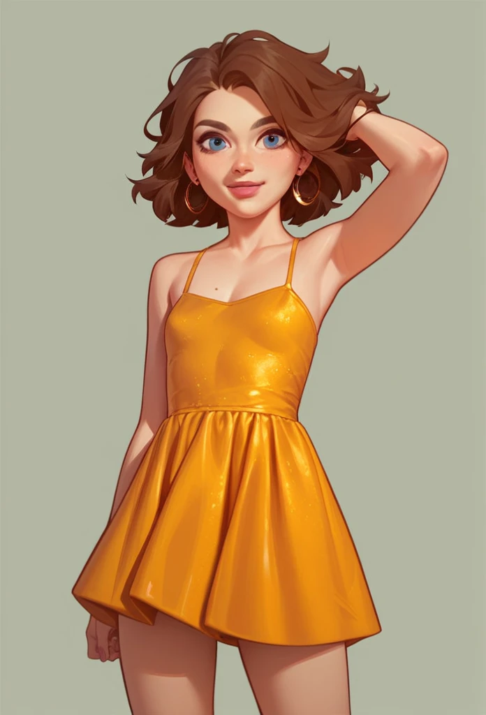 girl, young thin girl , is wearing a short golden dress. It's night. 