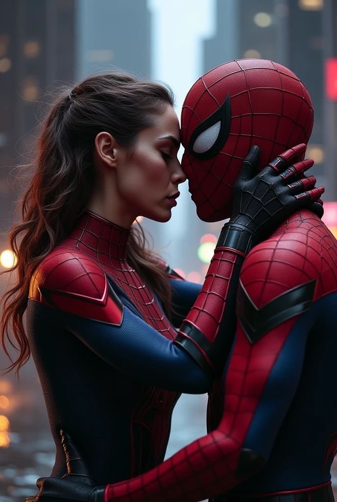 Masked spider girl gwen holding masked spider man miles's neck tightly pressuring like they are having fight