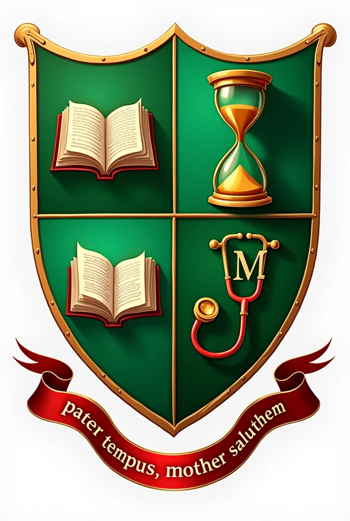 Coat of arms on a classic shield, in green with the interior divided into 4 parts.Top right a golden hourglass with a green background. In the upper left an open book. At the bottom left the letter "M" in a golden gothic font on a green background. In the lower right a golden stethoscope next to a book on a green background. Below the shield,in a red wavy strip, the phrase in latin "Pater Tempus, Mater Salutem" in classical letters