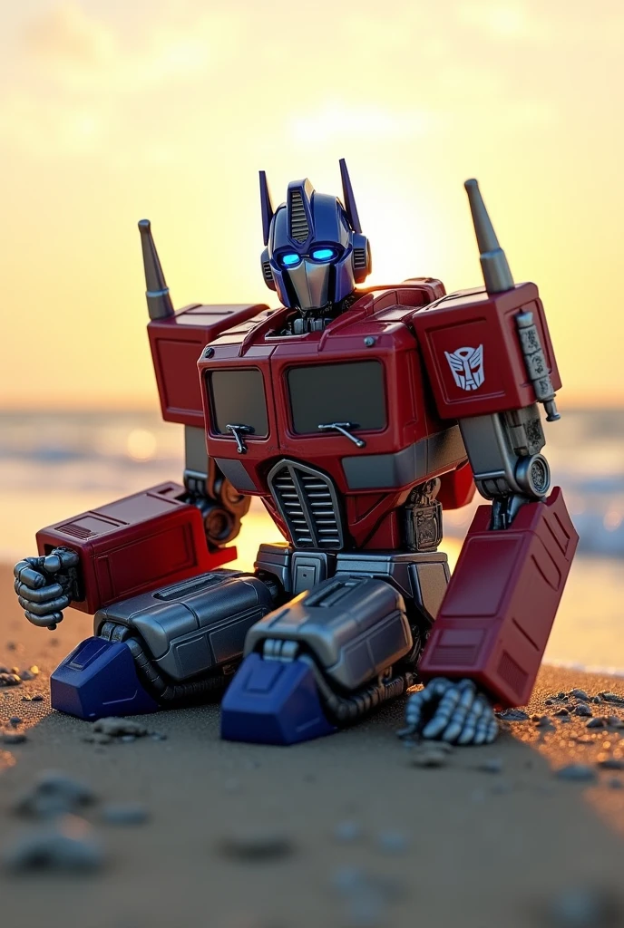 Has a Transformers Optimus Prime on a beach sitting