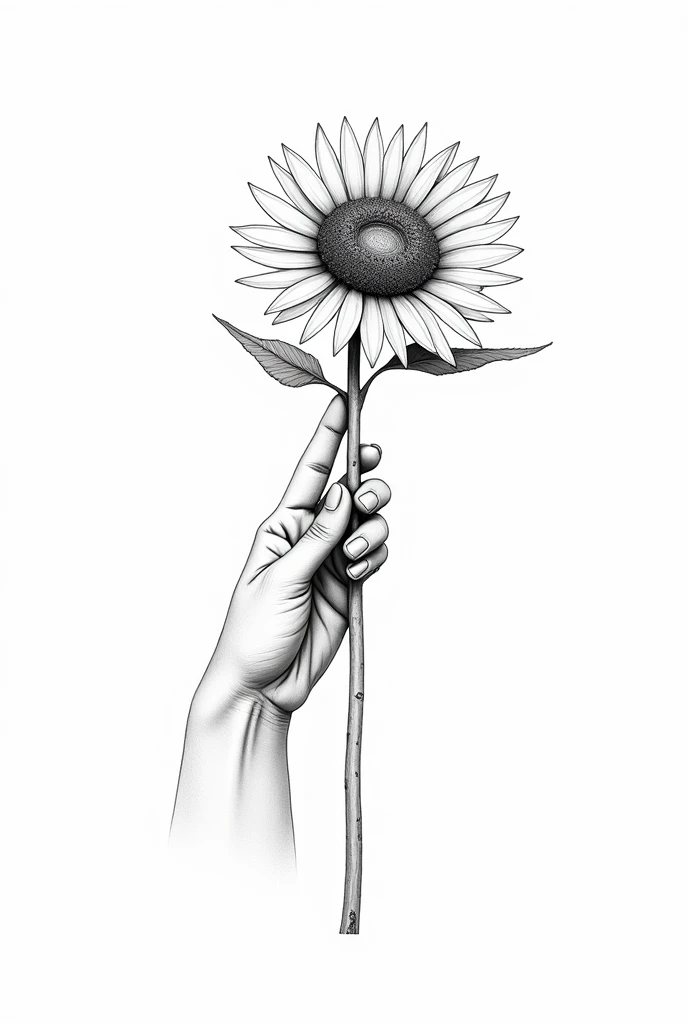 Create an image of a hand handing over a sunflower, where the hand is holding the stem of the sunflower that is facing forward as if it were handing it to the screen in the style of a realistic drawing with black and white tones and add some touch related to the Aztec culture