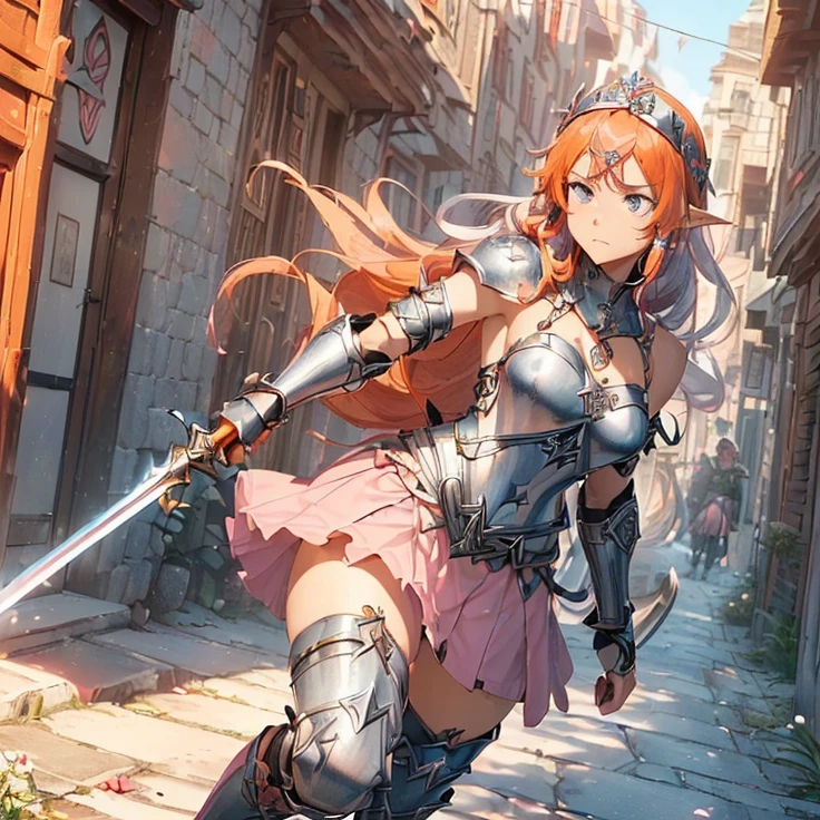 (masterpiece), (best quality), (detailed character and features), (HD), (high resolution), (solo, alone character), (fantasy), (simple background), (anime)
{{(1character: orange-red haired Elf Girl knight:((reddish-orange hair), (hair tied in left tail with two white flowers), (beautiful light-blue eyes), (orange-reddish eyebrows), (serious and imponent), (closed mouth), (lightblue flower at side of hair),(body full covered and armored in full knight pink armor)), ((Pink knight armor:((pink steel full knight cuirass), (pink gauntlets), (pink steel knight skirt), (pink steel belly armor), (pink shoulder armor plates), (pink steel armor long boots), (pink steel armor knee-plates), (pink steel elbow plates), (silver tiara up her head around the hair)),((holding with her left hand a long steel silver spear)),((Background: (viking styled city street), (sunny morning), (stone viking houses around the streets)))}}