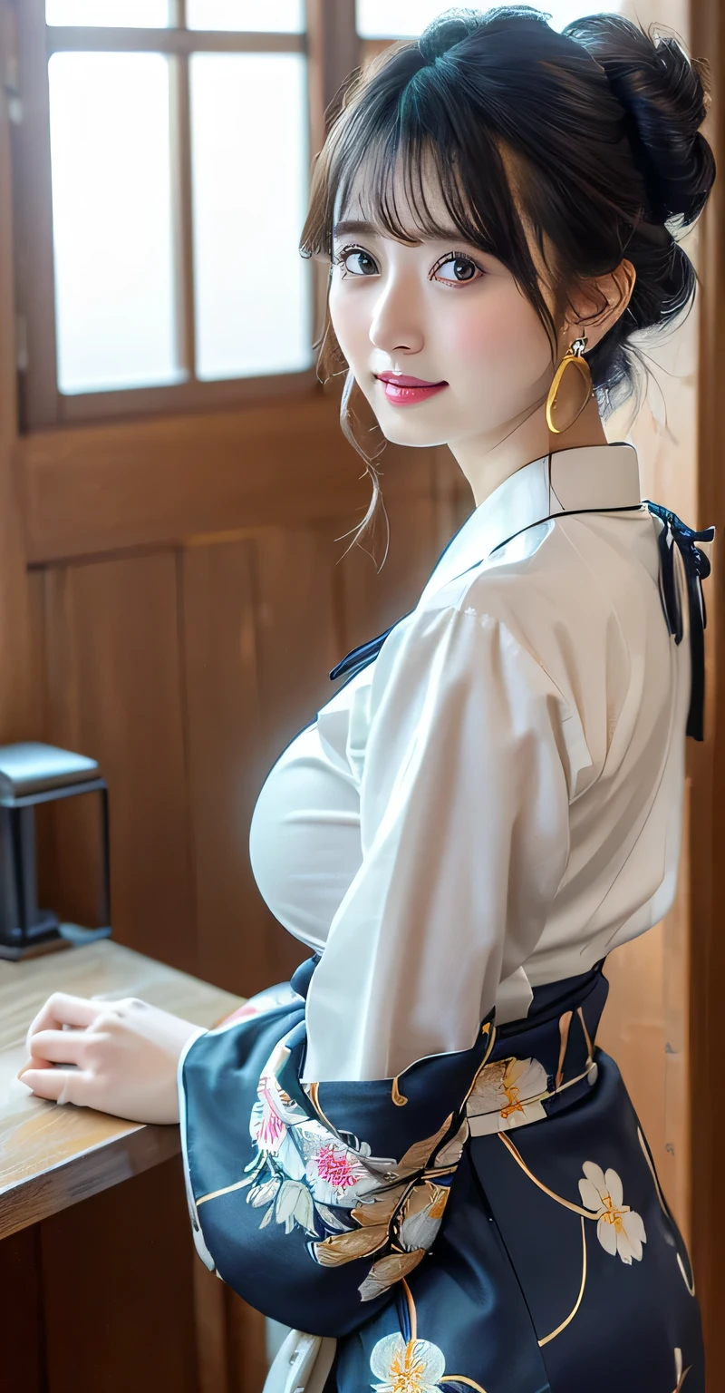 (8k,RAW Photos,Like the picture:1.45),masterpiece,Highest quality,wonderful,(Sexy Mature Woman:1),(Mature very cute woman:1.3), (2. Women.1.3)、(((very, Very large breasts)))、(((Extremely lewd and very huge boobs))、(((Very deep valley)))、Hyper Real、She is a々In a quiet office、A beautiful and elegant smile、beautiful white skin、beautiful, Delicate and precise skin texture、Long, fluffy, beautiful black hair(updo:1.45)、beautiful Japanese Women、(BIG ASS)、Thick thighs、Bright red lips、Gold small star-shaped earrings、{Floral patterned furisode from the Taisho period((White long sleeves))},