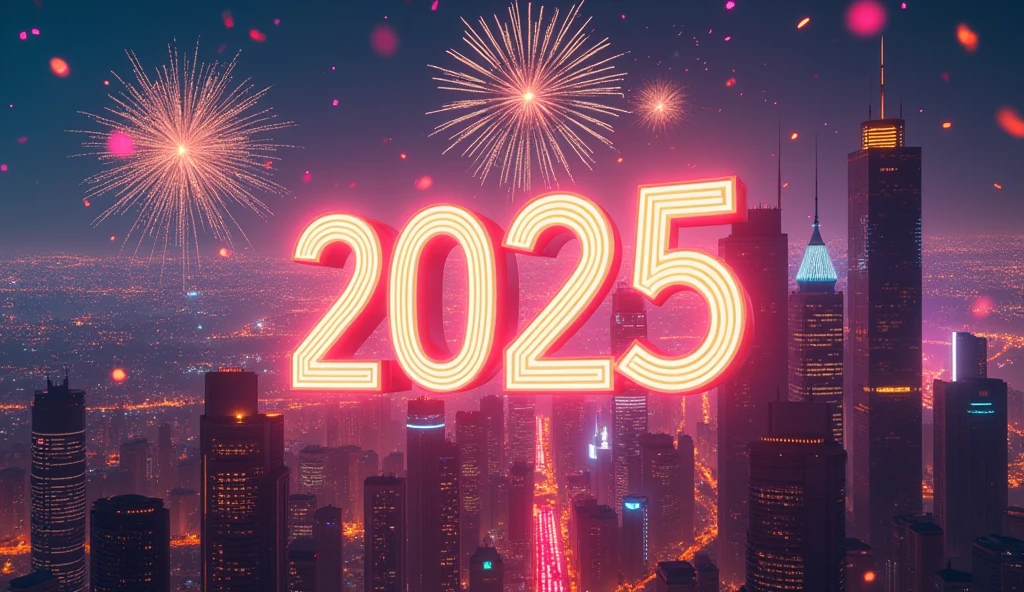 A hyperrealistic image of a neon futuristic city illuminated by vibrant lights and glowing skyscrapers, with the year '2025' written in glowing champagne-colored text in the sky. Fireworks explode in the background, showering the city with bright colors, while confetti falls from above, adding to the festive atmosphere. The scene is enhanced by bioluminescent and volumetric lighting effects, creating a mesmerizing and dynamic visual experience. Every detail is ultra-high definition, capturing the energy and excitement of the moment, rendered in 8K resolution to ensure the highest level of detail and clarity.