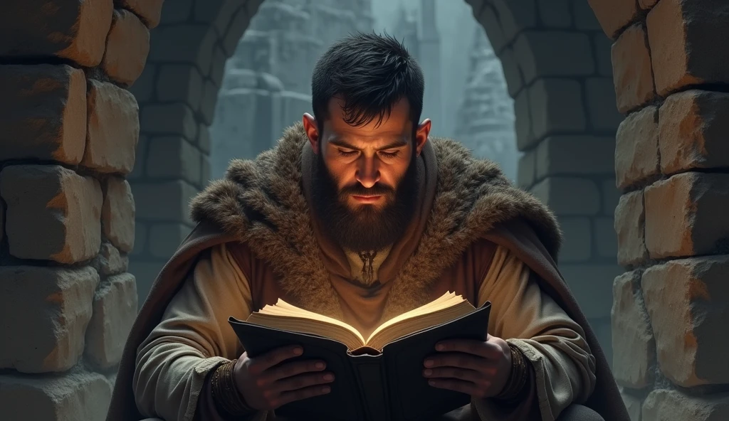 Bronze age man with short hair on top and short on the sides with brown beard reading the Bible in leather clothes reading the Bible in his cold castle