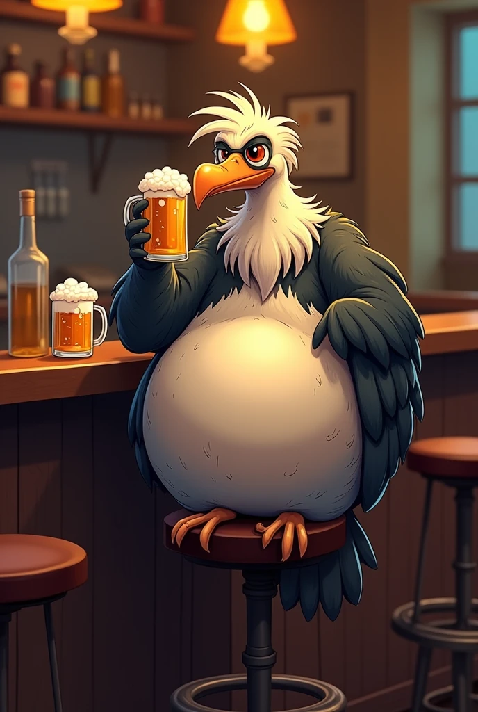 Cartoon of a vulture with a little belly drinking beer sitting on a bar stool