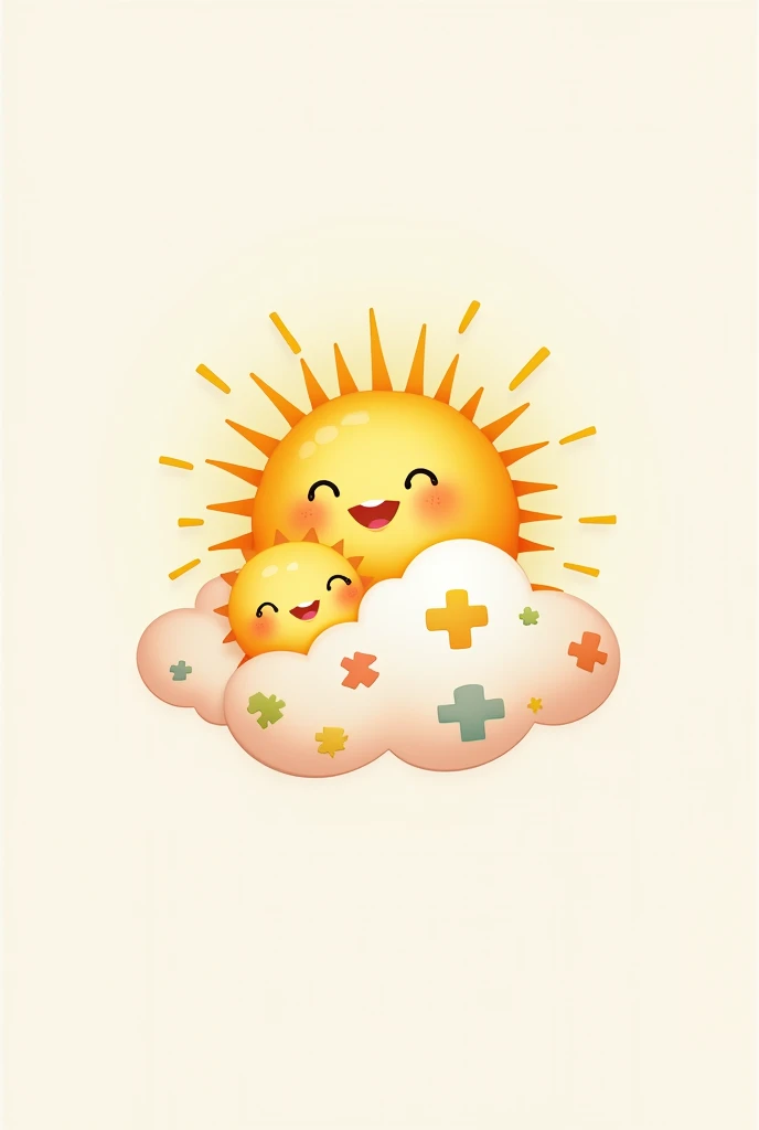 A logo showing a radiant sun embracing a cloud. The cloud is decorated with small toy icons, like puzzle pieces and balls, in soft and cheerful colors, including light pink. The sun has a warm color, like golden yellow, with rays extending outward, creating a cozy effect. The cloud has a soft white or light gray color with hints of pink.. The background can be a pastel or white shade to keep the focus on the sun and cloud.. The design should convey warmth, happiness, and a supportive and caring environment. Let it be cute and tender and inspire confidence because it is a logo for a psychologist. . May the sun and cloud have a super cute and tender face 