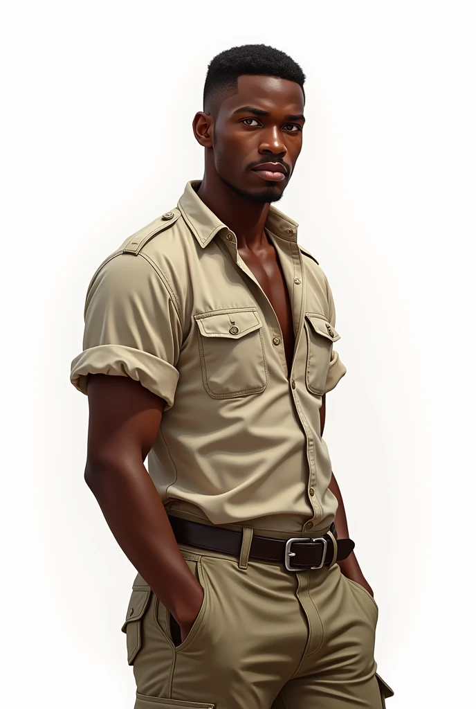 Create a hyper-realistic illustration of a young man, skin black, jaw and marked features, eyes browns, and short hair, well combed back and black color, safari outfit, white background