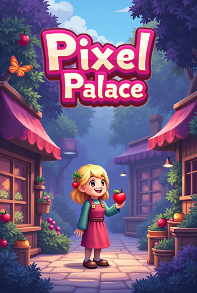 CREATE A PIXEL GAME THEME STORE WITH A NAME "PIXEL PALACE" THAT THERE IS A BLONDE PIXEL CHARACTER, A WOMAN WITH A RED APPLE IN HER HAND, THAT THE SETTING IS NATURALLY ATTRACTIVE AND PURPLE, AND THAT THE NAME "PIXEL PALACE" BE AS READABLE AS POSSIBLE