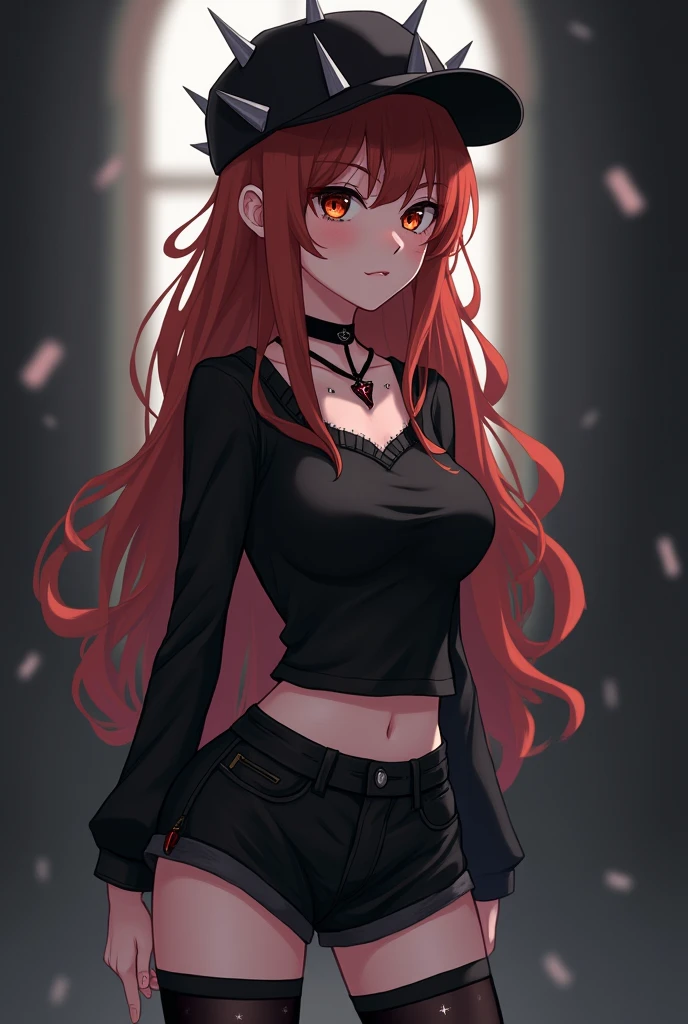 Anime girl icon, slim, ghost white skin, conceited face, long copper red hair, star tattoo, black cap with thorns, black necklace, black top with long sleeves, Short black shorts and black tights with small stars, black eyes, only half photo for profile picture