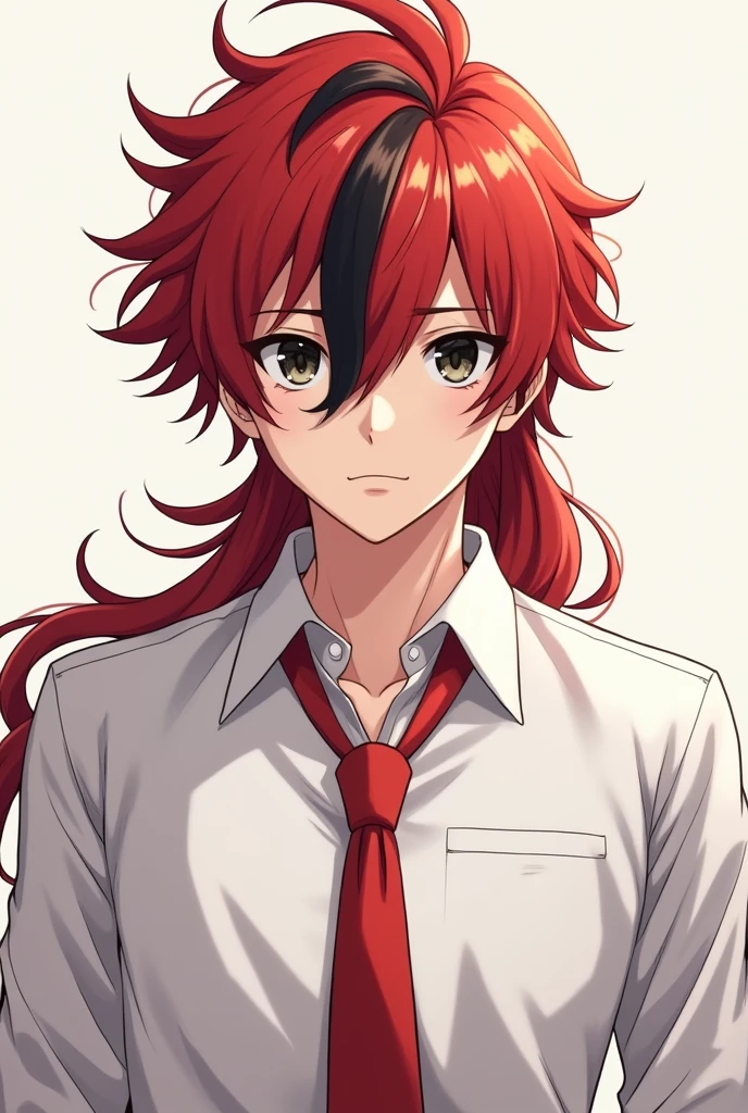 Male character anime format, red hair with black streak, long, black eyes, wearing a white shirt with a red tie