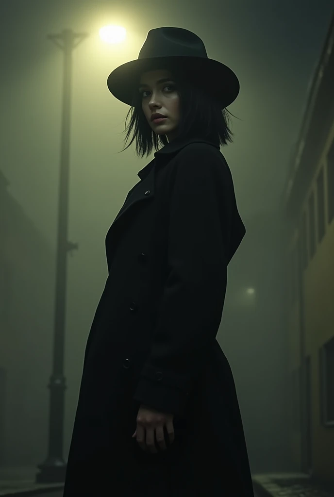 A mysterious figure in a black trench coat and fedora, standing under a streetlamp on a foggy night, exuding an air of intrigue and allure."20 year old black hair breast size C cup hip ratio 0.69 Design a high-resolution, ultra-realistic 4K