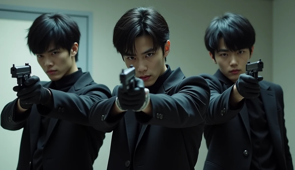 Three Japanese handsome male college students shoot each other with rifles。Full body black。The clothes are black。Gloves are black。Everyone stands in the same position in a row。Don't blur the background。Everyone holds their rifles in front of them.。Point the gun a little。