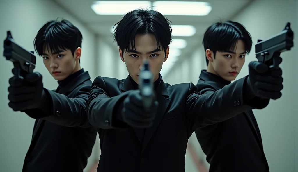 Three Japanese handsome male college students shoot each other with rifles。Full body black。The clothes are black。Gloves are black。Everyone stands in the same position in a row。Don't blur the background。Everyone holds their rifles in front of them.。Point the gun a little。