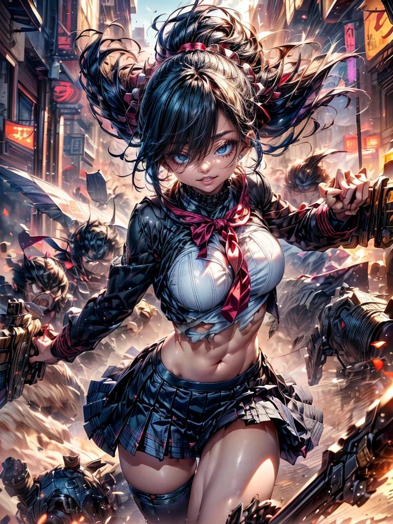High resolution, Winner of numerous awards, Ultra high definition, Textured skin, retina,
masterpiece,(bestquality),highlydetailed,ultra-detailed,1girl, (Angry expression、Contempt:1.7)(roboT)(fantasylandscape:1.2,natural lighting:1.5,confidentexpression),(panorama:1.2),mecha, angle、chrome,raw(A beautiful girl with black hair and a high schooluniform.sailor uniform:1.5)(Point your weapon at me:1.6)(Positioned to attack me:1.6)(beautiful face.)(Sticking out tongue, It's crazy, Disgust, :1.8)(Positioned to attack me)(Damaged and torn clothes:1.5)(The skin is torn and the mechanical parts are exposed)(Sense of presence)Concentrated line, Background blur, (Blast and sandstorm:1.3)