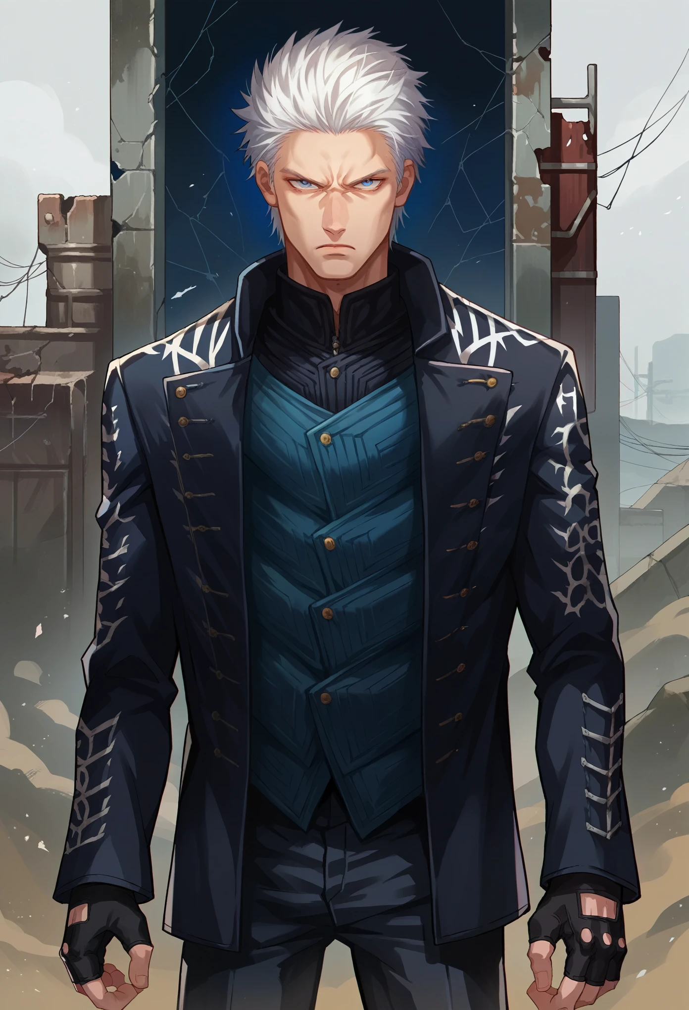 score_9, score_8_up, score_7_up, source_anime, 1boy, solo, dmc5vergil,  white hair, blue eyes, black coat, fingerless gloves, pants, standing, serious, looking at you, wasteland, gray landscape, desolated