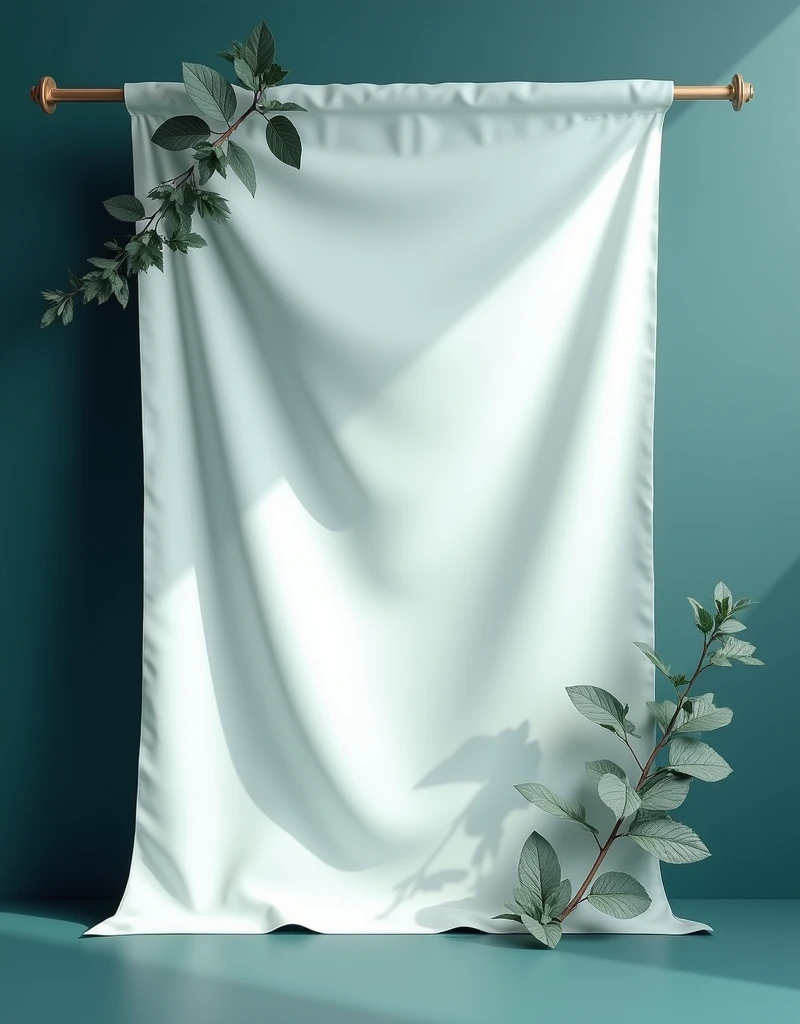 WHITE AIR BANNER mockups SIZE 1 METER WIDTH WITH 1. 60 meters high. WITH A DARK CYAN BACKGROUND AND LEAVES AND PERFUMES 

