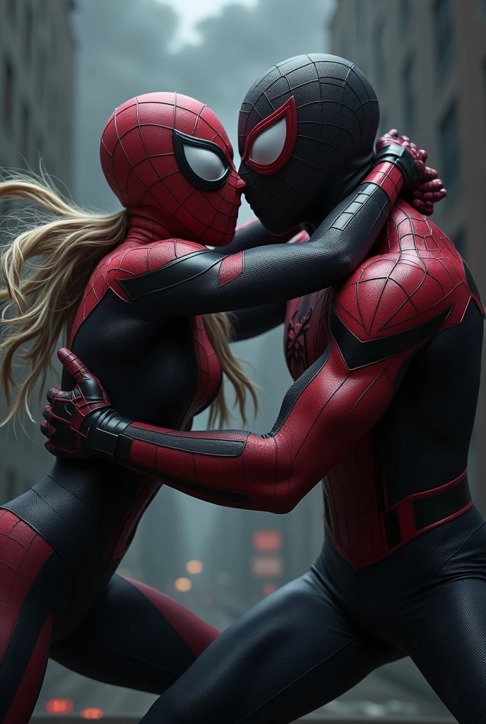 Masked spider girl gwen holding masked spider man miles's neck like they are having fight 
