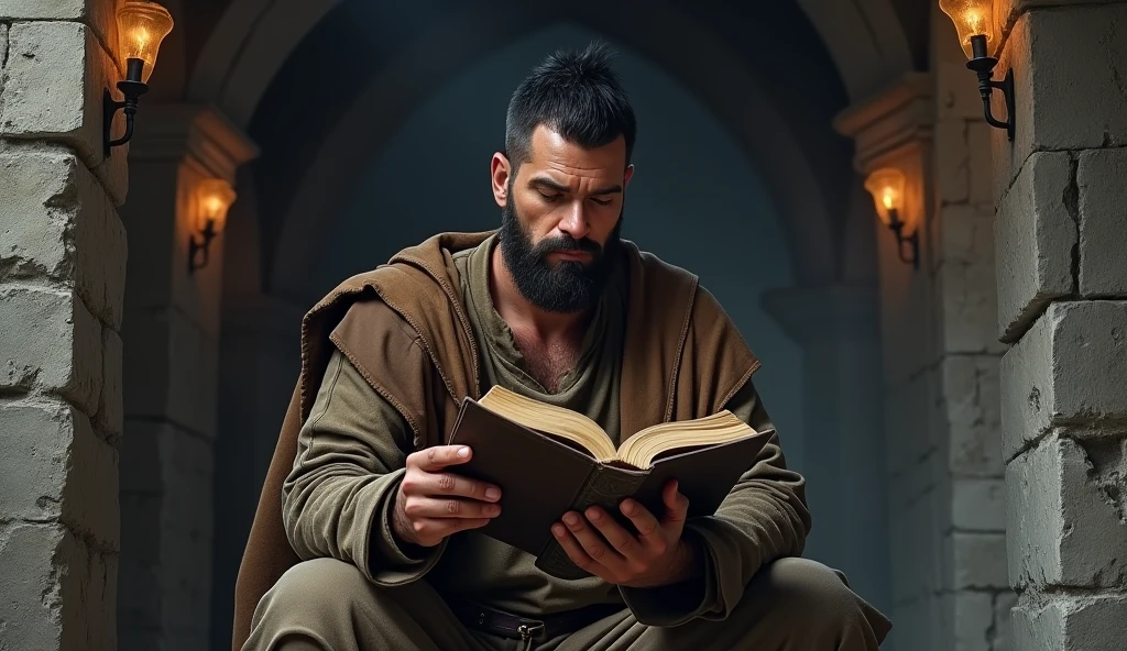 Bronze age man with short hair on top and short on the sides with brown beard reading the Bible in leather clothes reading the Bible in his cold castle