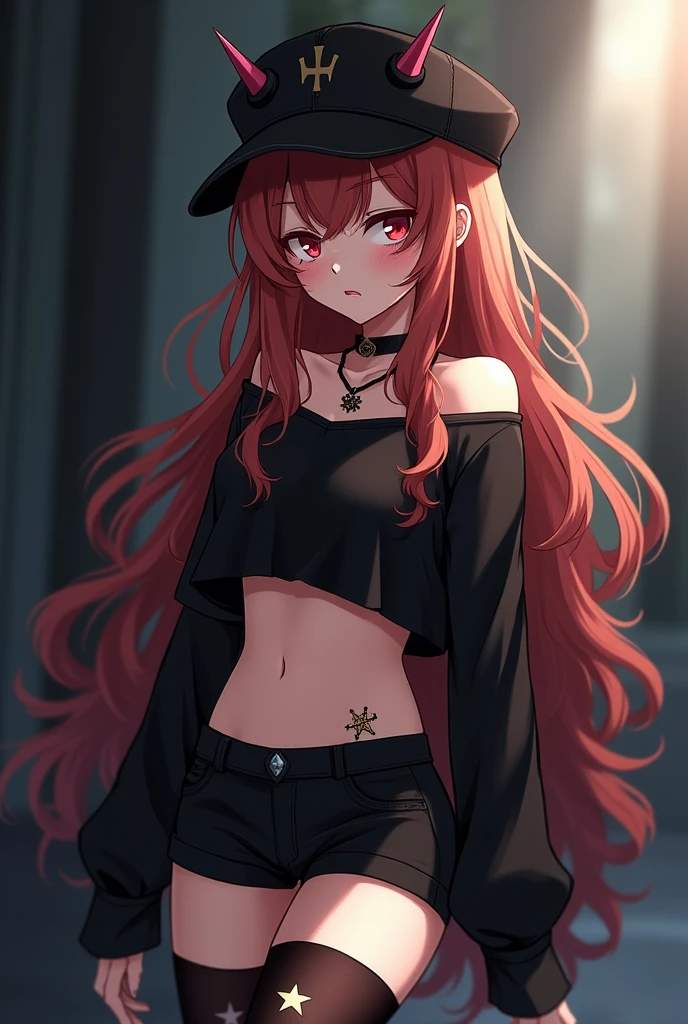 Anime girl icon, slim, ghost white skin, conceited face, long copper red hair, star tattoo, black cap with thorns, black necklace, black top with long sleeves, Short black shorts and black tights with small stars, black eyes, only half photo for profile picture