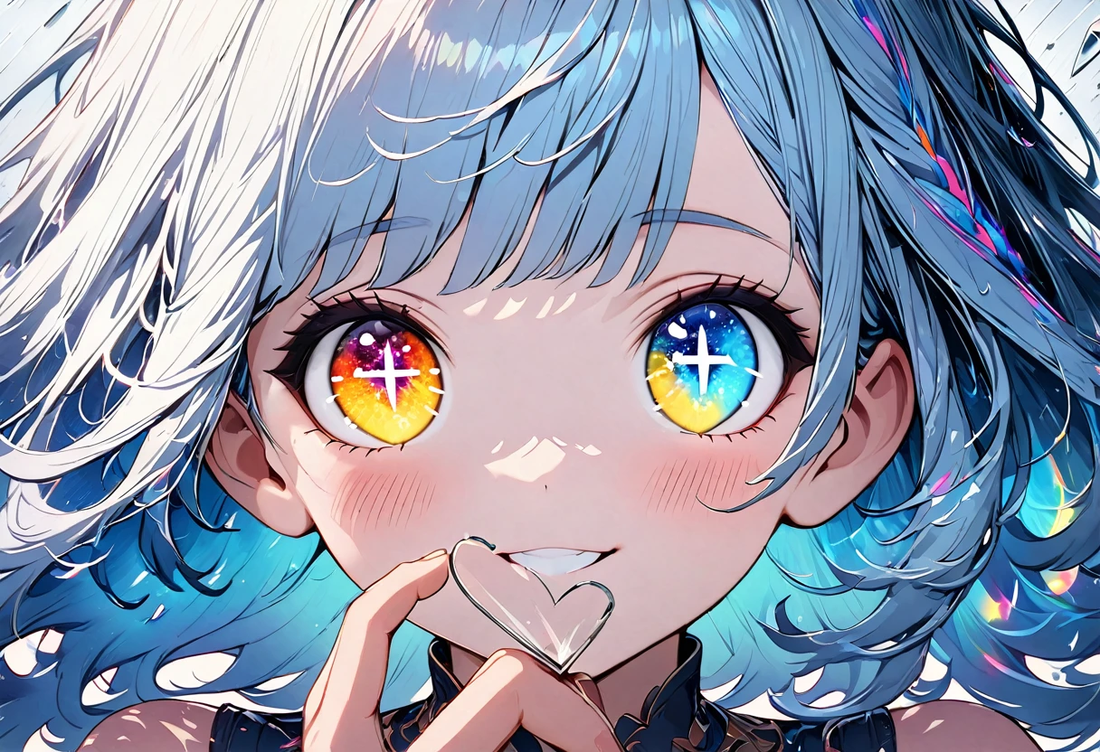 masterpiece, best quality, extremely detailed, (illustration, official art:1.1), 1 girl ,(((( light blue hair)))), ,(((( light blue long hair)))),light blue hair, ,((blush)) , cute face, big eyes, masterpiece, best quality,(((((a very delicate and beautiful girl))))),Amazing,beautiful detailed eyes,blunt bangs((((little delicate girl)))),(((tareme))),droopy eyes.(true beautiful:1.2), sense of depth,dynamic angle,,,, affectionate smile, (true beautiful:1.2),,(tiny 1girl model:1.2),)(flat chest),soft focus , light gradation watercolor , lens flare , glitter , glow , dreamy , white background、Grid illusion, Colorful, Girl、((extremely detailed eye:1.5)),((Face Zoom:1.5)),((Face Focus:1.5))Beautiful and aesthetic: 1.2)),{{hyper detailed masterpiece: 1.7}}, {{Cinematic lighting}},(The hair　Transparency:1.5）,(Light shades:1.5，White tones，Light white background:1.5、optic:1.5，Cold reflection:1.5，Object edges are reflected in white:1.5) 、(God on the back々large iridescent wings,:1.5)、(Golden ratio: 1.2), (Full body: 1.2), (Super Detail: 1.3), (girl with: 1.3), (Fractal Art: 1.3), {{{Glitter Pupil:1.25}}}) ,((Making a heart shape by hand:1.5)),patterns, (Glittering blue hair, Shiny hair: 1.2)), Colorful, Writing, (Heterochromia), (Colorful: 1.5), (((Shy face)), (full body Esbian), (Hyper-detailing), ((delicate detail)), (intricate-detail),((a closeup)),((Seductive smile))  (Full body:1.2),(look at viewr:1.2),(Dazzling light:1.5)、(a white world:1.5)、(association:1.5)、(Very heavy rain:1.5)、write、shortpants、Big eyes、(Breaking glass:1.5)、{{ Stunning illustrations of amazing celestial objects}}, {{G