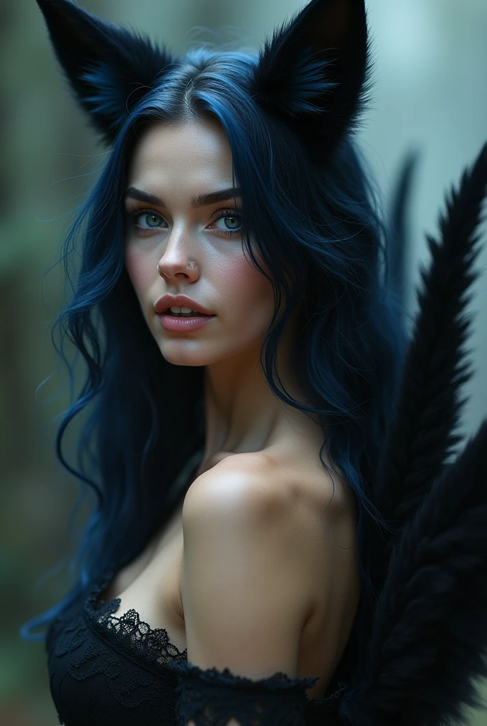 photo d'une jeune femme de 20 ans, European fair skin her long wavy blue black hair cascading over her shoulders with two black fox ears surrounding a sweet playful face with navy blue eyes full of mischief little fangs protruding from her lips smiling she wears sexy black lace clothing. several large black fox tails protrude from his back